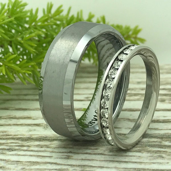 8mm/3mm Tungsten Wedding Rings Men's Tungsten WeddingRing, Titanium Eternity CZ Ring Personalize Tungsten Rings