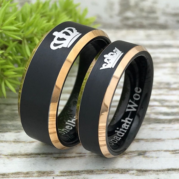 Bagues roi et reine 8mm/6mm, bague de mariage en tungstène pour elle et lui, bagues de mariage en tungstène noir et or rose personnalisées, ajustement confortable, TCR539