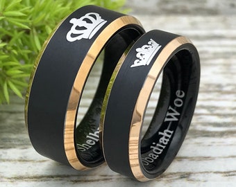 His & Hers Titanium Wedding Ring,KIng and Queen Rings, Black and Rose Gold Plated Titanium Wedding Band Personalize Titanium Wedding Ring