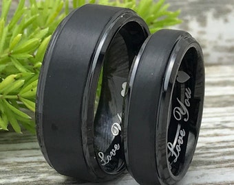 Titanium Rings, His and Hers Titanium Wedding Rings Black Plated Titanium Ring, Personalize Titanium Wedding Rings, Comfort Fit Rings