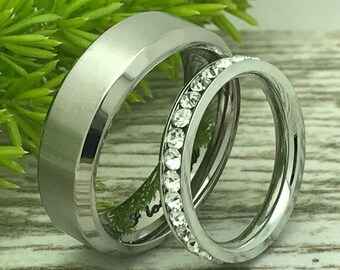 7mm/3mm His and Hers Titanium Wedding Rings Men's Titanium Wedding Ring, Titanium Eternity CZ Ring Personalize Titanium Rings