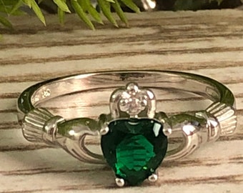 May Birthstone Claddagh Ring, Irish Celtic Ring, Emerald CZ Ring, Sterling Silver Traditional Irish Claddagh Ring, Promise Ring for her