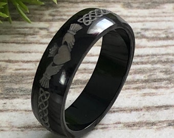 Claddagh Ring, Black Stainless Steel Celtic Claddagh Ring, Love Loyalty Friendship Claddagh Band, Personalize Claddagh Ring 6mm