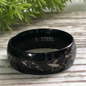 Orca Whale Ring, Stainless Steel Wedding Band, Personalize Engrave Orca Ring Classic Dome Ring Stainless Steel Wedding Band