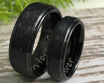 8MM/6mm Tungsten Wedding Rings Personalize Black Tungsten Ring, His & Hers Couples Rings, Hammered Tungsten Rings, Comfort Fit