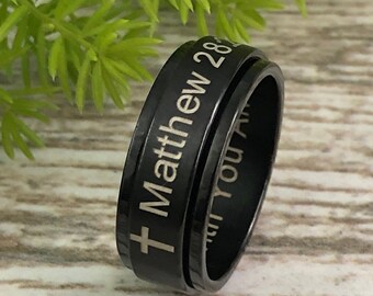 Cross Ring Bible verse Spinner Ring Black Stainless Steel Cross Ring Personalize Stainless Steel  Spinner Ring Religious Jewelry