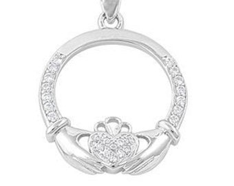 Claddagh Pendant Necklace, Sterling Silver Claddagh Necklace with Cubic Zirconia Claddagh Pendant with Box Chain Necklace