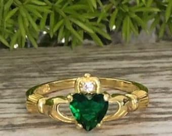 May Birthstone Claddagh Ring, Irish Celtic Ring, Emerald CZ Ring, Sterling Silver Traditional Irish Claddagh Ring, Promise Ring for her