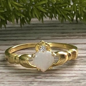 Opal Ring, October Birthstone Claddagh Ring, Irish Claddagh with Lab Opal Ring, Gold Plated Sterling Silver Irish Claddagh Ring,Gift for Her