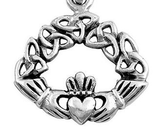 Claddagh Necklace, Sterling Silver Celtic Infinity Claddagh Necklace, Claddagh Pendant with Box Chain  Love, Loyalty, Friendship Necklace