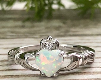 Opal Ring, October Birthstone Claddagh Ring, Irish Claddagh with Lab Opal Ring, Sterling Silver  Irish Claddagh Ring, Promise Ring for her