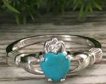 Turquoise Claddagh Ring, Sterling Silver Claddagh Ring with Turquoise, Irish Claddagh Ring, Love Loyalty Friendship Claddagh Ring