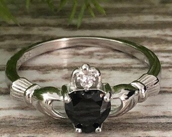 Claddagh Ring, Womens Claddagh Ring Irish Claddagh Ring Sterling Silver Promise Ring for Her, Claddagh Ring with Black CZ