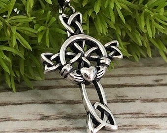 Claddagh Pendant Necklace, Sterling Silver Celtic Cross Claddagh Necklace, Claddagh Pendant with Black Adjustable Cord Necklace