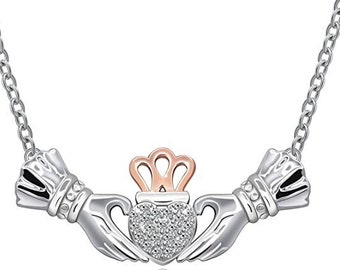 Irish Claddagh Necklace for Women, Sterling Silver Claddagh Necklace with Cubic Zirconia Claddagh Necklace Love Loyalty Friendship Necklace