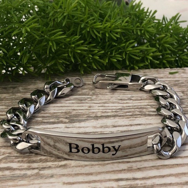 Mens ID Bracelet Stainless Steel ID Bracelet Custom Bracelet for Men Father's Day Gift for Him Chain Bracelet 8.5 Inches