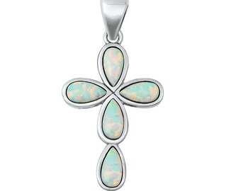 Cross Necklace, Sterling Silver Lab Opal Cross Necklace, Sterling Silver Cross Necklace, Religious Jewelry, Christian Jewelry, Gift For Her