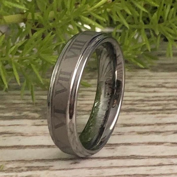 7mm Tungsten Wedding Band, Roman Numeral Tungsten Ring Personalized Tungsten Ring Comfort Fit Ring, Unisex Ring