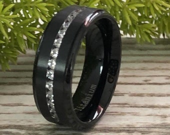 8mm Titanium Wedding Rings Titanium Wedding Ring, Black Titanium Eternity CZ Ring Personalize Titanium Ring