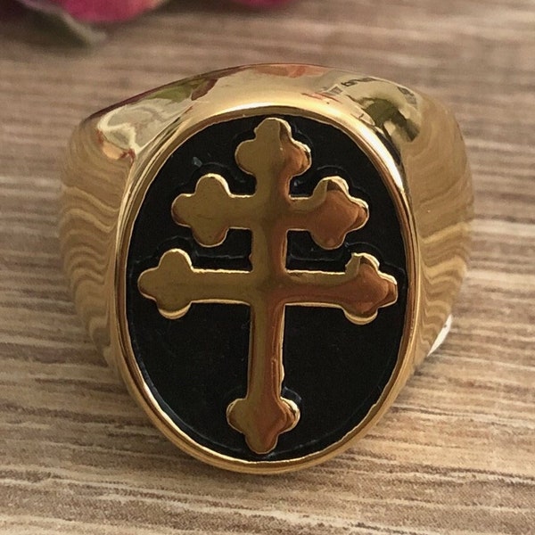 Cross of Lorraine Symbol Stainless Steel For Men AND Women Gold Signet Cross Ring Religious Jewelry