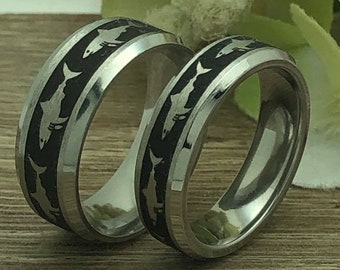 Shark Rings, His & Hers Titanium with Shark Design, Personalize Rings Wedding Rings, Anniversary Rings Comfort Fit Rings