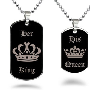 His Queen & Her King Couples Dog Tag Necklaces for Men and Women Gold Plated Stainless Steel Dog Tag Necklaces
