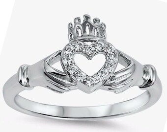 Claddagh Ring,  Sterling Silver Diamond CZ Claddagh Ring, Irish Claddagh Ring, April Birthstone Ring, Engagement Ring, Friendship Ring