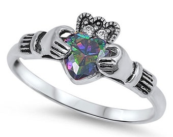 Womens Claddagh Ring Irish Claddagh Ring Sterling Womens Silver Wedding Band Promise Ring for Her Rainbow TopazCZ Birthstone Ring