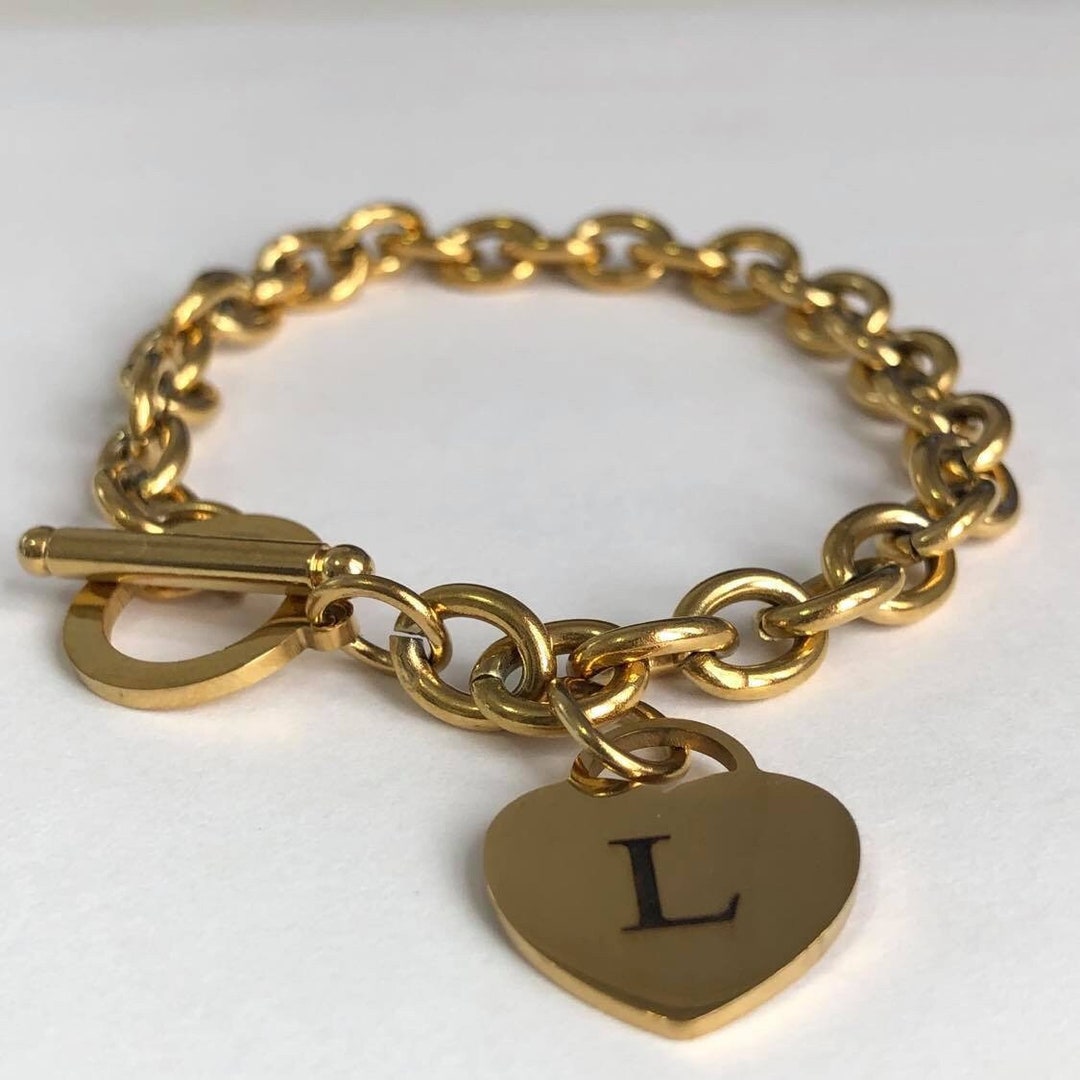 Heart Bracelet, Gold Plated Stainless Steel Heart Toggle Bracelet
