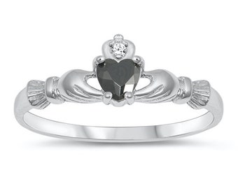 Claddagh Ring, Black Cz Irish Claddgh Ring, Petite Claddagh Birsthstone Ring, Sterling Silver Traditional Irish Claddagh Ring