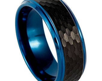 Tungsten Wedding Ring, 2 Tone Black and Blue Plated Tungsten Ring, Personalized Hammered Tungsten Ring,Comfort Fit Ring, Stepped Edge