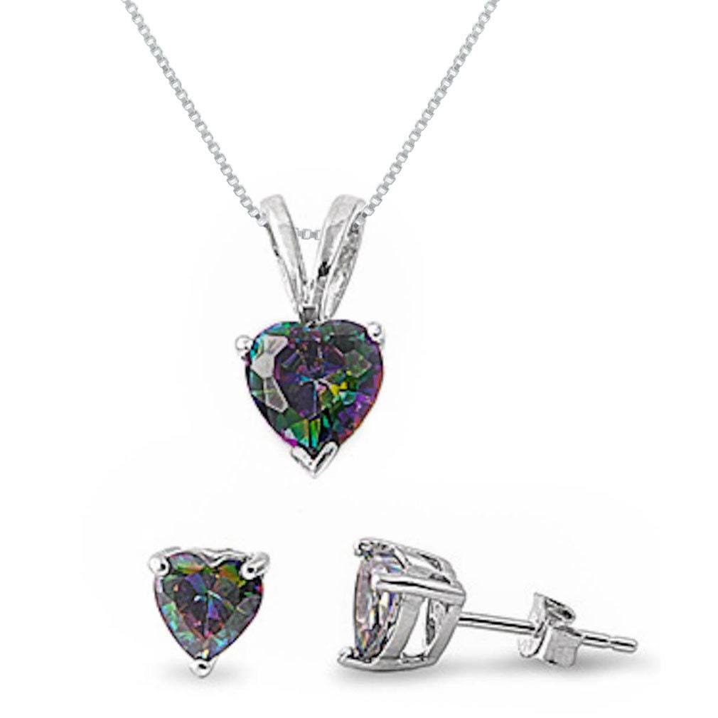 Amethyst & Cz Heart .925 Sterling Silver Earring & Pendant Jewelry set 