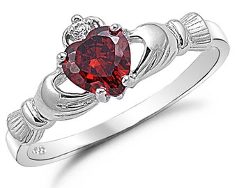 Claddagh Ring, January Birthstone Irish Claddgh Ring, Garnet CZ Ring, Sterling Silver Traditional Irish Claddagh Ring, Promise Ring for her