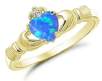 Opal Ring, October Birthstone Claddagh Ring, Irish Claddagh with Lab Opal Ring, Gold Plated Sterling Silver Irish Claddagh Ring,Gift for Her