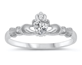 Claddagh Ring,Simulated Diamond CZ Claddagh Ring,April Birthstone Ring,Petite Claddagh Ring, Sterling Silver Irish Claddagh Ring,Skinny Ring