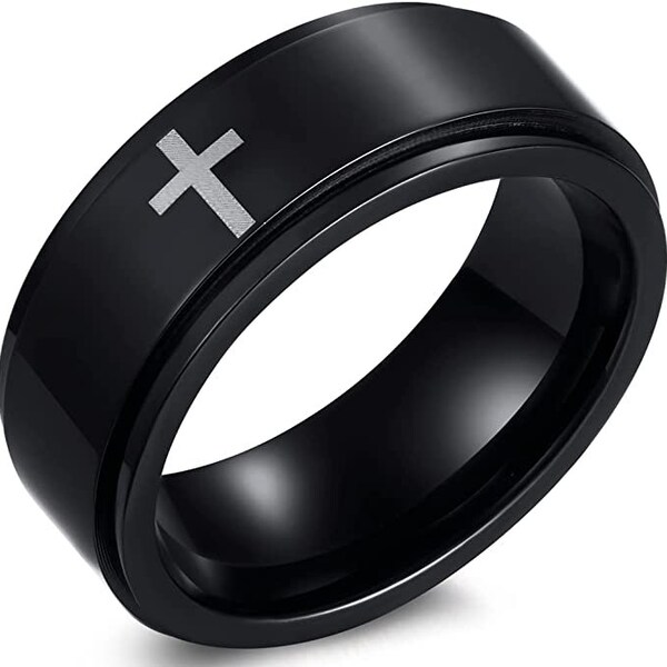 Cross Ring Spinner Ring Black Wedding Ring, Stainless Steel Wedding Band Personalize Custom Engrave Stainless Steel Wedding Band Ring