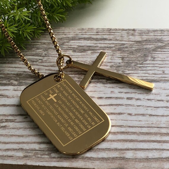 Men's Steel Lord's Prayer & Cross Dog Tag Necklace