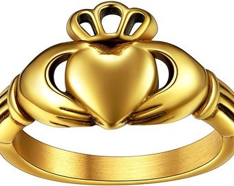 Claddagh Ring Gold IP Plated Stainless Steel Claddagh Ring, Love Loyalty Friendship Claddagh Band,Personalize Claddagh Ring CQSSR421