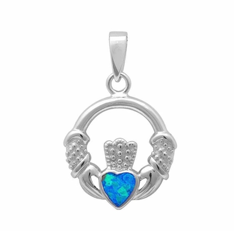 Opal Claddagh Necklace Valentine/'s Gift Opal Claddagh Necklace in Silver Box Chain Necklace Sterling Silver Heart Opal Claddagh Necklace