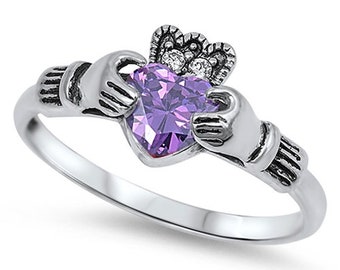 Womens Claddagh Ring Irish Claddagh Ring Sterling Womens Silver Wedding Band Promise Ring for Her Amethyst CZ February Birthstone Ring
