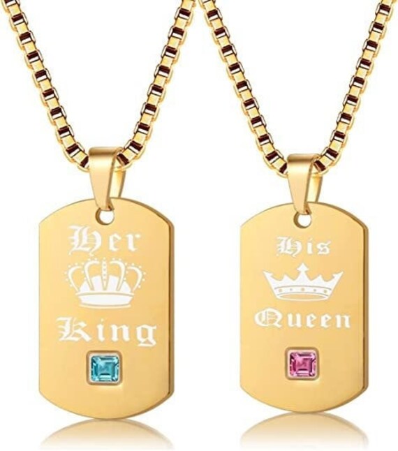 His Queen Her King Couples Dog Tag Necklaces for Men and Women