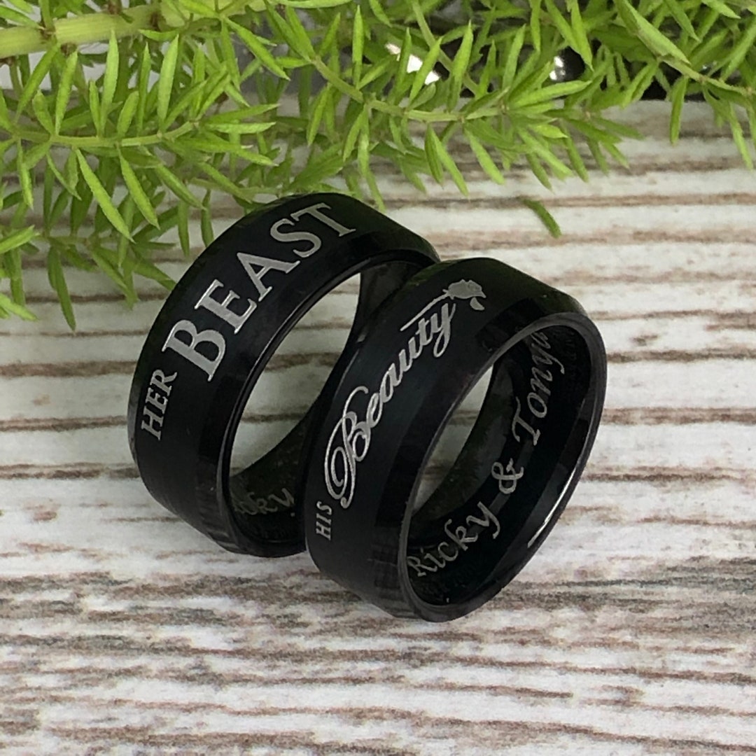 8mm His and Hers Tungsten Wedding Rings Her Beast His Beauty Matching Couple Ring Sets Black
