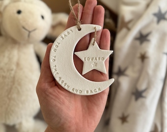 Personalised Baby Name Moon Star Ornament,  New Baby Keepsake for memory box, Nursery Decor