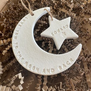 Personalised Baby Name Moon Star Ornament, New Baby Keepsake for memory box, Nursery Decor image 4