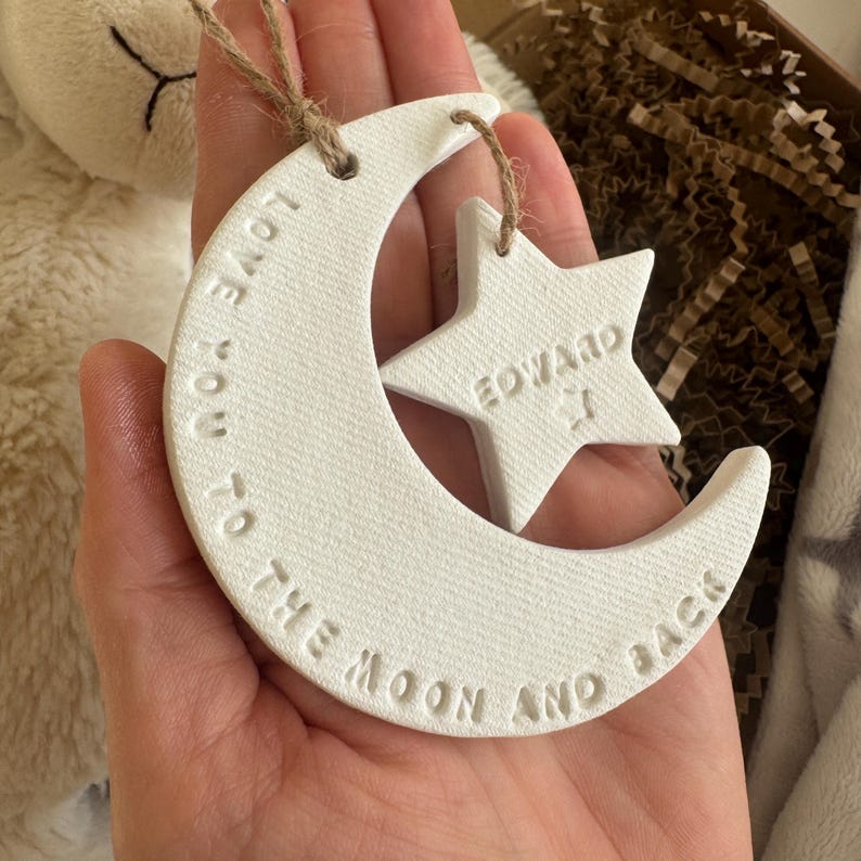Personalised Baby Name Moon Star Ornament, New Baby Keepsake for memory box, Nursery Decor image 2