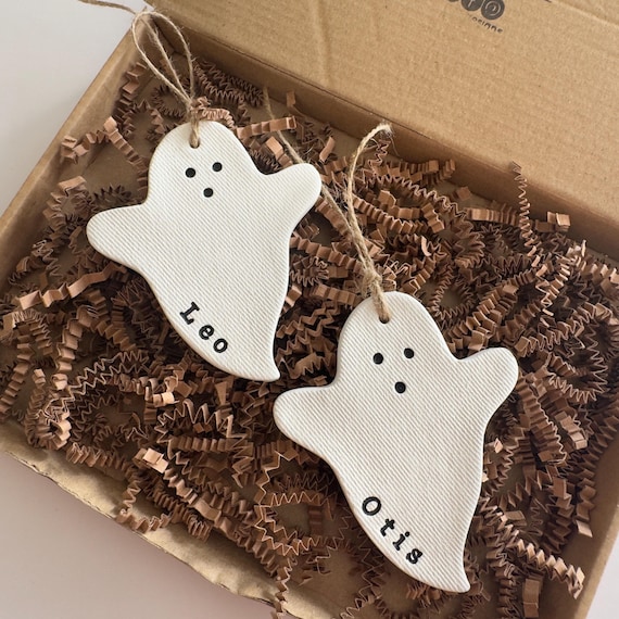 Personalised Ghost Ornament, Boo Basket Tag, Custom Halloween Decoration, Handmade Clay Ghost Keepsake, Fall Decor Gift