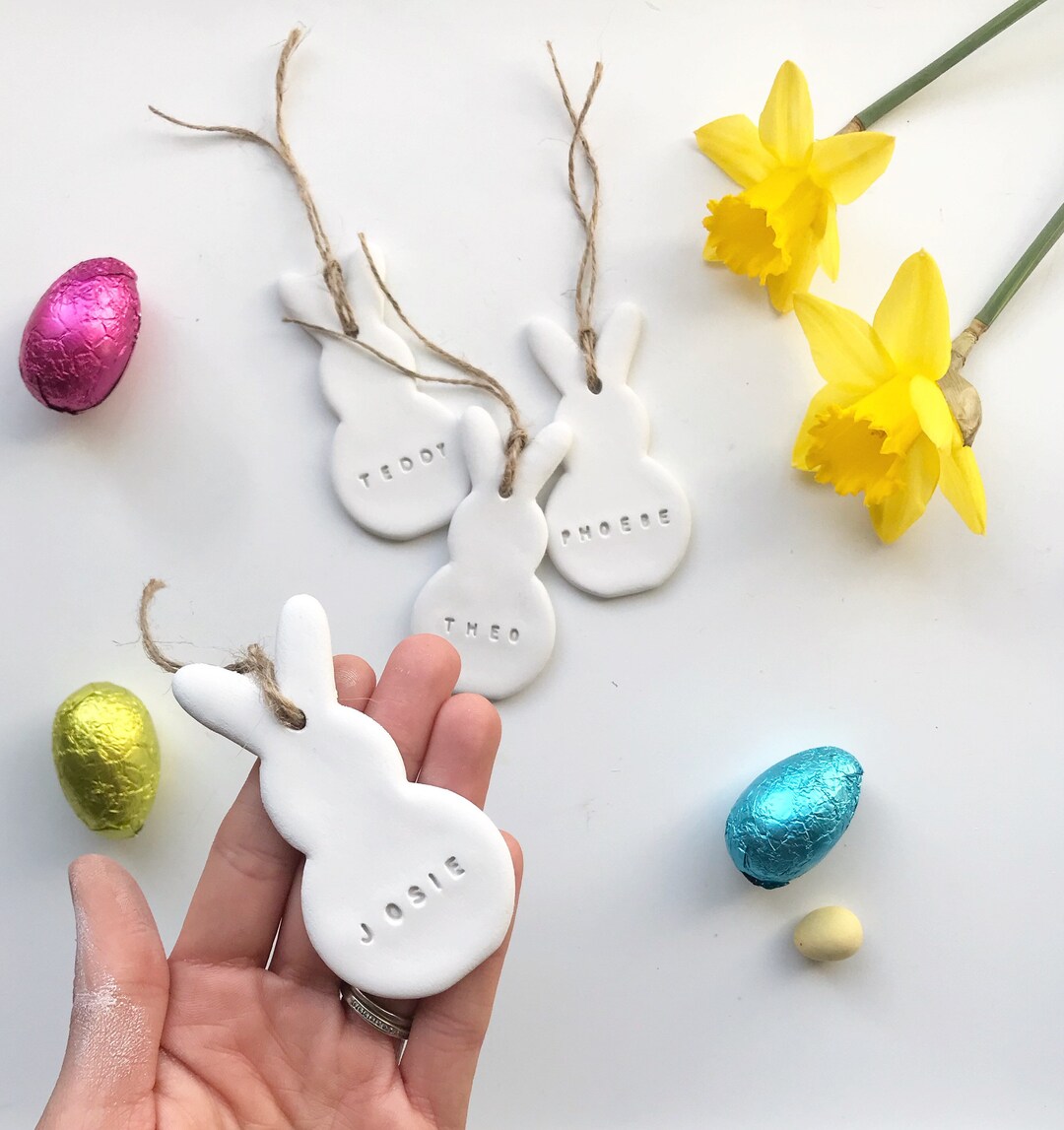 Easter Gift Decoration Personalised Clay Rabbit Bunny Name Tag