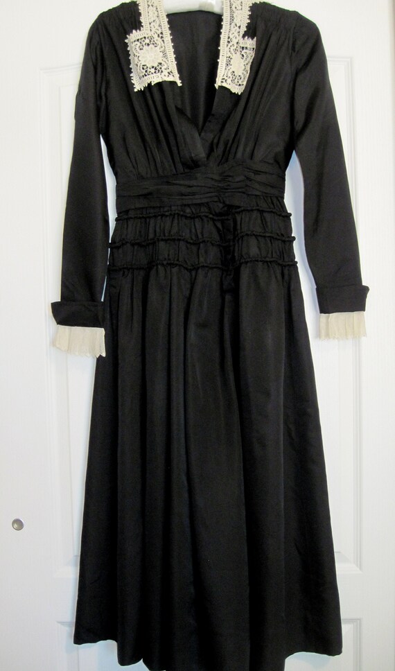 Vtg Handmade Black Silk Dress with Handmade Lace