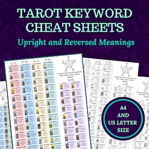 May include: Tarot card cheat sheets with keywords for upright and reversed meanings. The sheets are printed in black and white with a purple background. The sheets are available in A4 and US Letter sizes.