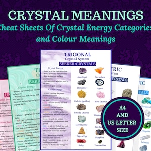 May include: Four colorful cheat sheets with crystal meanings and energy categories. Each sheet features a different crystal system, including Trigonal Seeker Crystals, Triclinic Crystals, Cubic Crystals, and Hexagonal Crystals. The sheets are printed on white paper and include the names of various crystals, their colors, and their associated meanings.